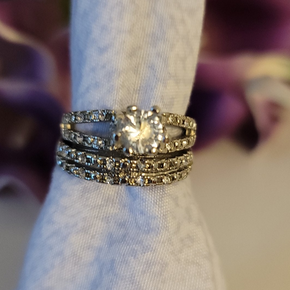 Wedding ring set sterling silver plated sz 10 - Picture 10 of 11